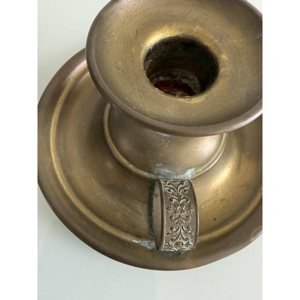 ✿ Vintage Solid Brass Candle Holders Pair Ornate Handle Heavy Patina Decor
